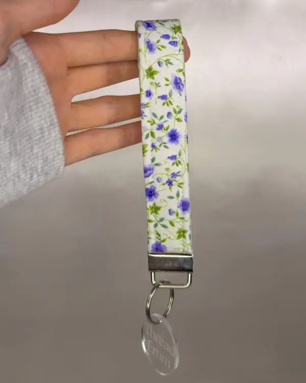 Purple Flowers on Vines Fabric Wristlet Keychain