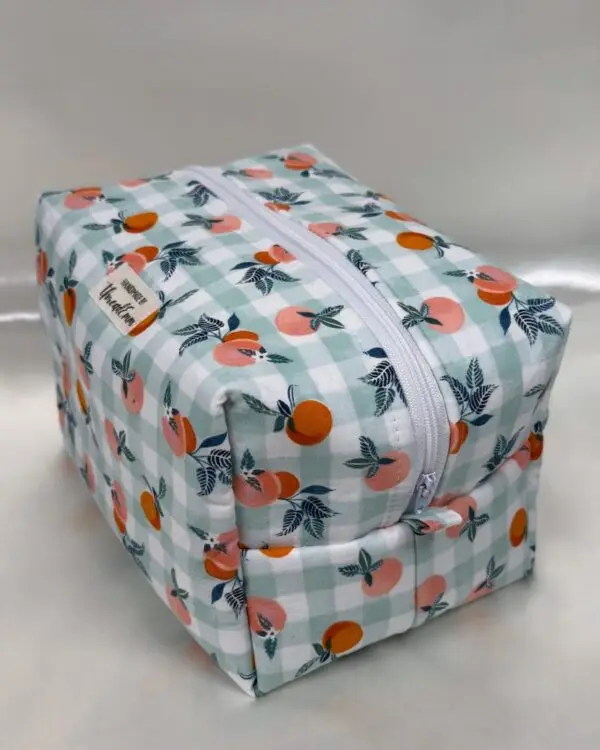Oranges on Green Gingham Padded Boxy Makeup Bag