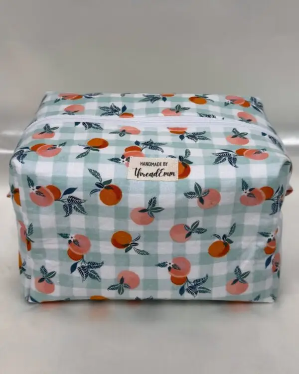 Oranges on Green Gingham Padded Boxy Makeup Bag
